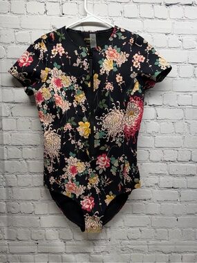 Johnny Was Black Floral Short-Sleeve swimsuit size small